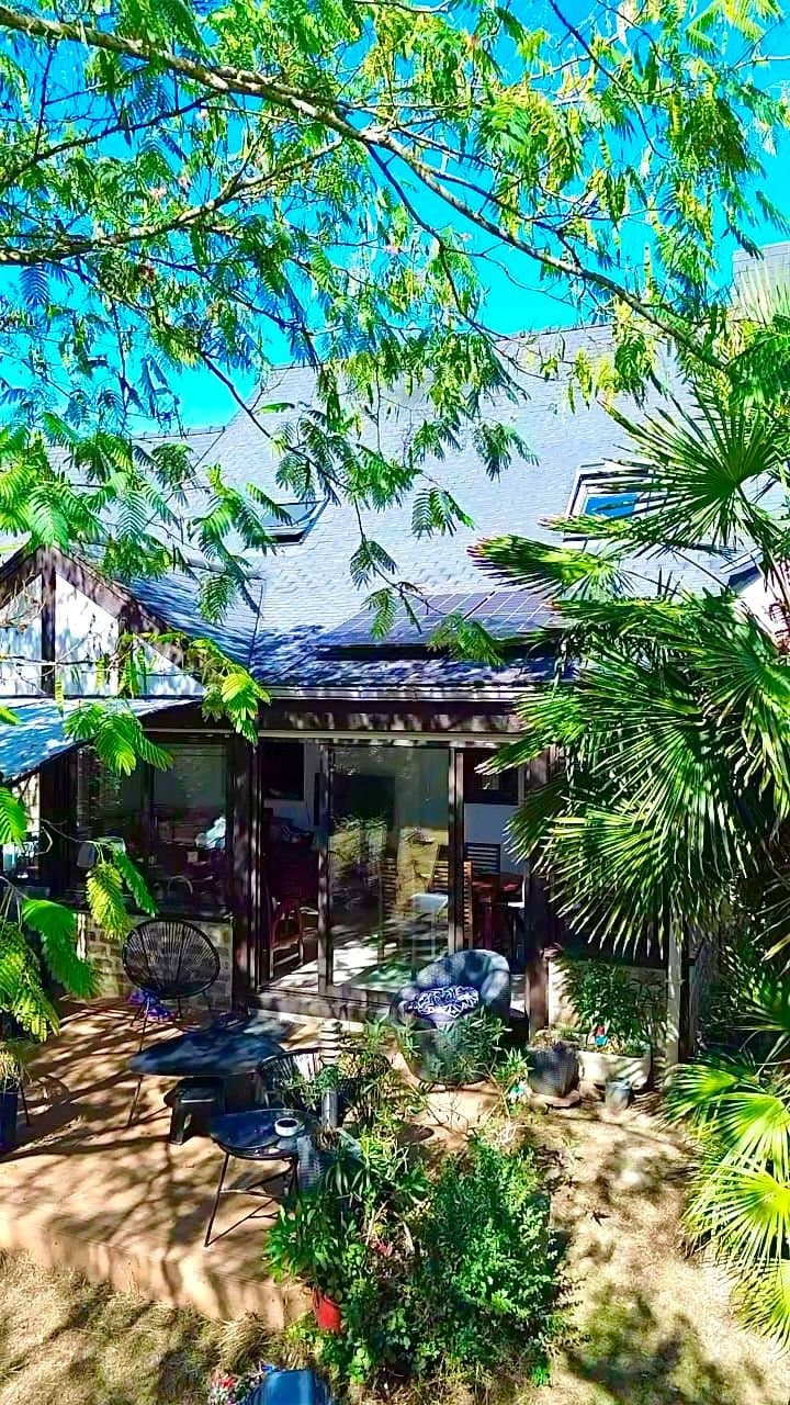 Vue aérienne d'une terrasse et d'un jardin arboré